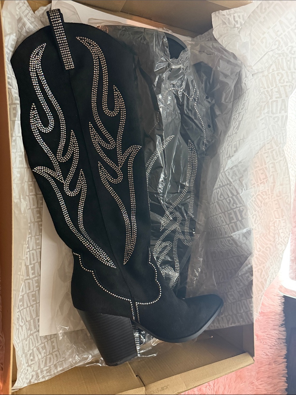 Steve Madden Black Rhinestone Embellished Lace-Up Western Boots
